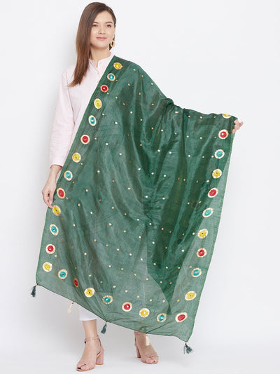 Clora Bottle Green Printed Silk Dupatta