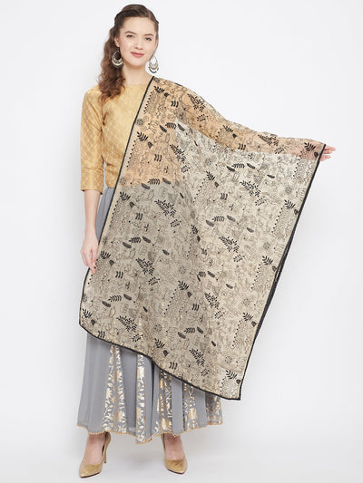 Clora Fawn & Black Embroidered Cotton blend Dupatta