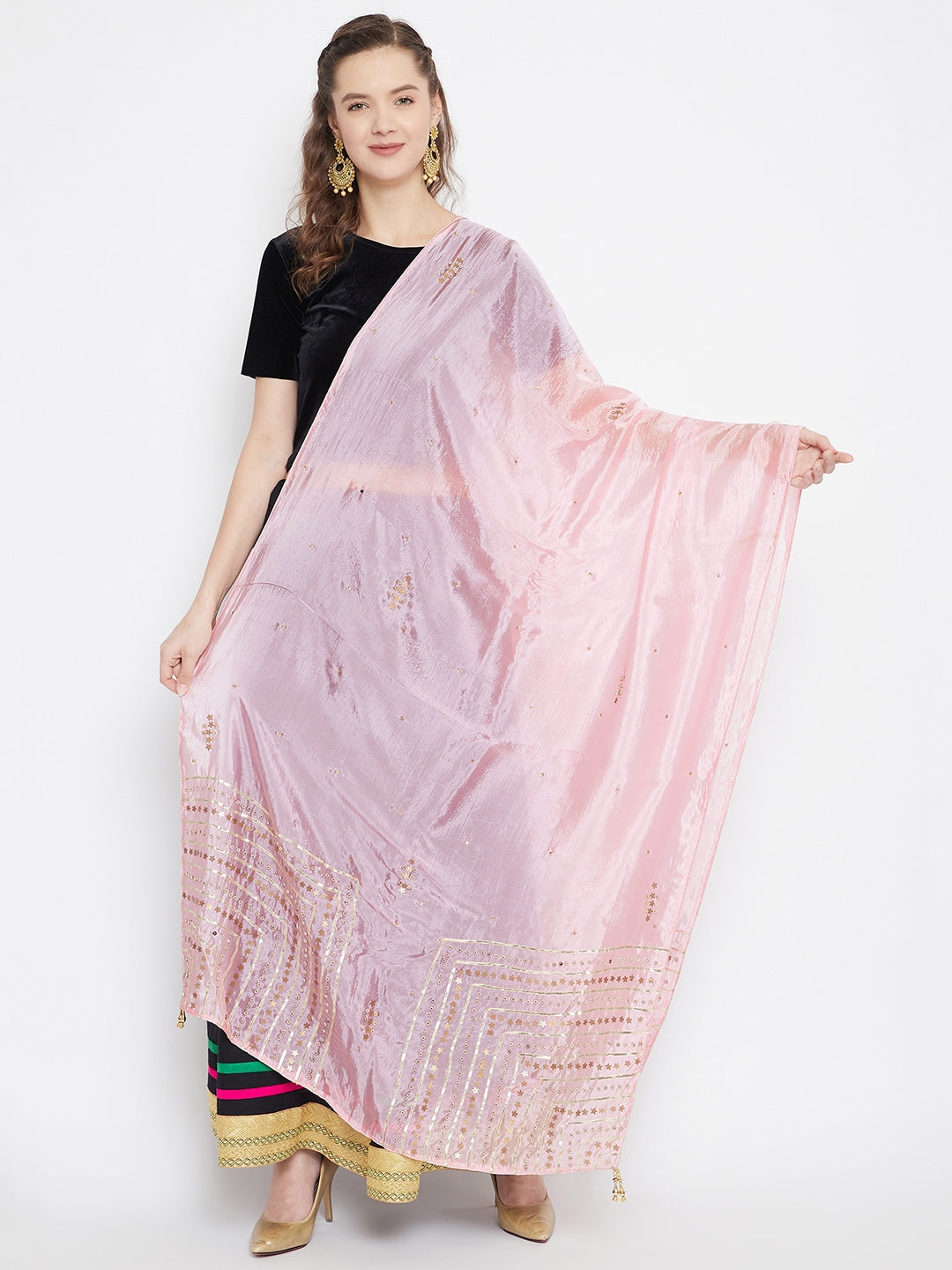 Clora Baby Pink Embellished Silk Dupatta