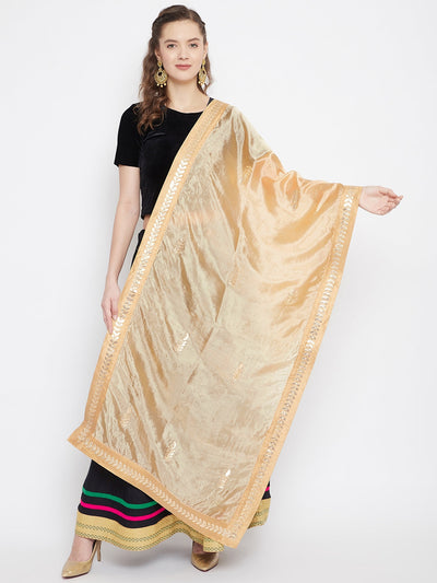 Peach Gotta Patti Silk Dupatta with ethnic design, styled with black top and colorful skirt.