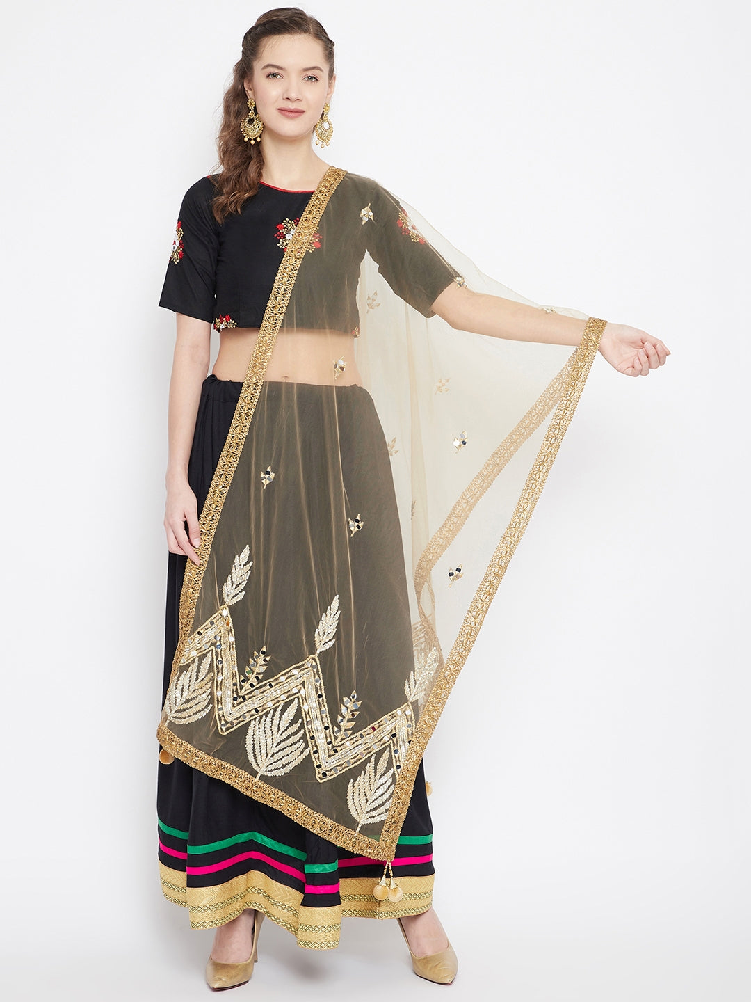 Golden Leaf Embellished Net Dupatta