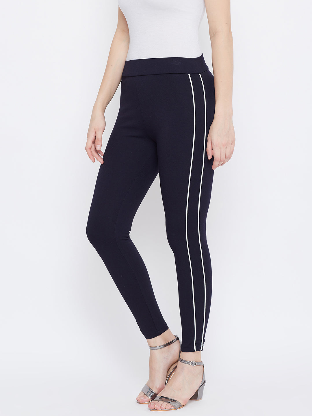 Clora Navy Blue Solid Striped Jeggings