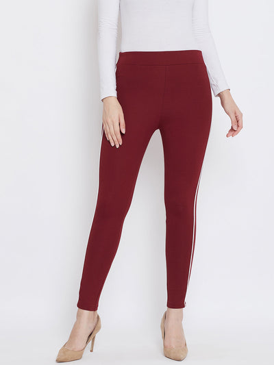 Maroon solid striped jeggings by Clora, featuring a comfortable NR Roma fabric.