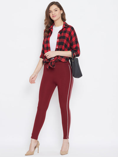 Clora Maroon Solid Striped Jeggings