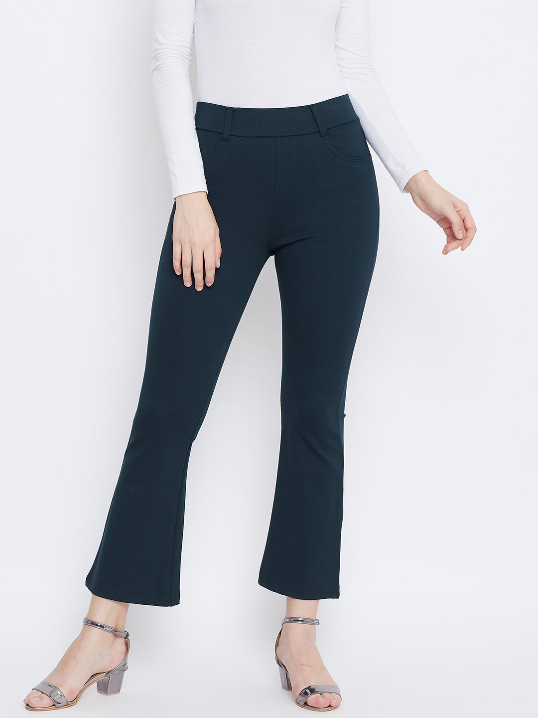 Bottle Green Solid Bootcut Jeggings for women, stylish and comfortable NR Roma fabric.