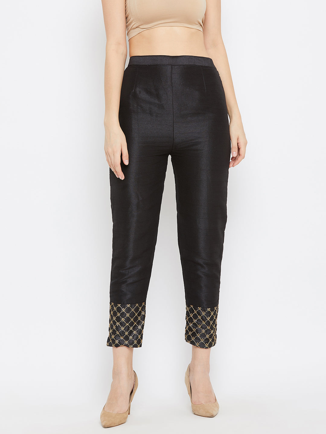 Black hem design silk trouser with ethnic embellishments.