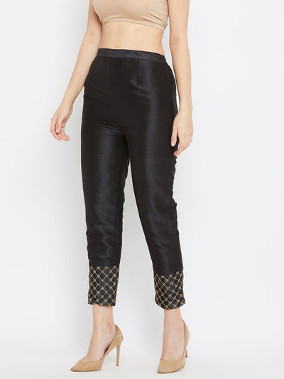 Black Hem Design Silk Trouser with Ethnic Embellishment