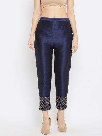 Clora Navy Blue Hem Design Silk Trouser