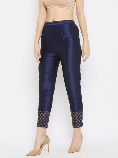 Clora Navy Blue Hem Design Silk Trouser