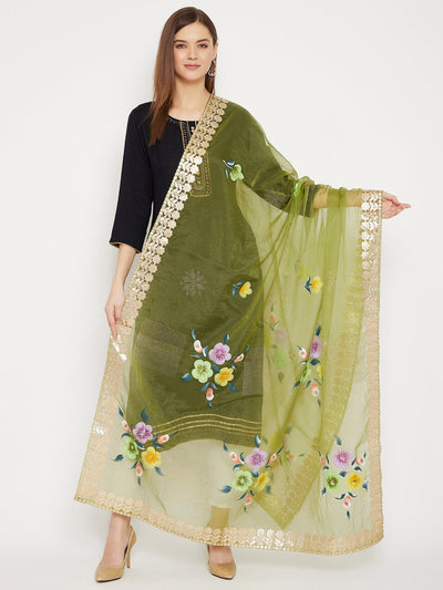 Clora Olive Printed Organza Dupatta