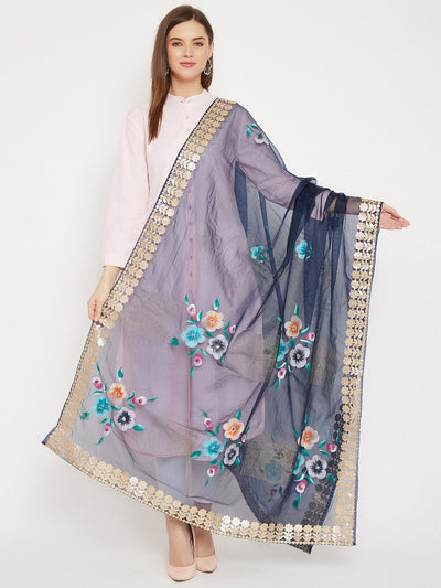 Clora Navy Blue Printed Organza Dupatta