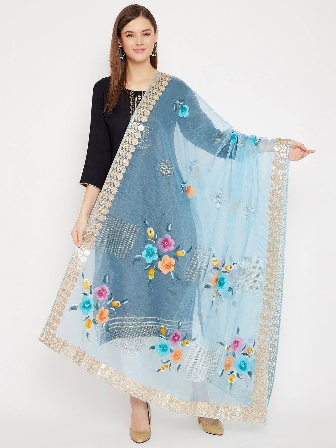 Sky Blue Printed Organza Dupatta with floral design and gold border.