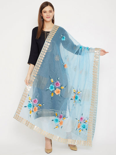 Sky Blue Printed Organza Dupatta with floral design and gold border.