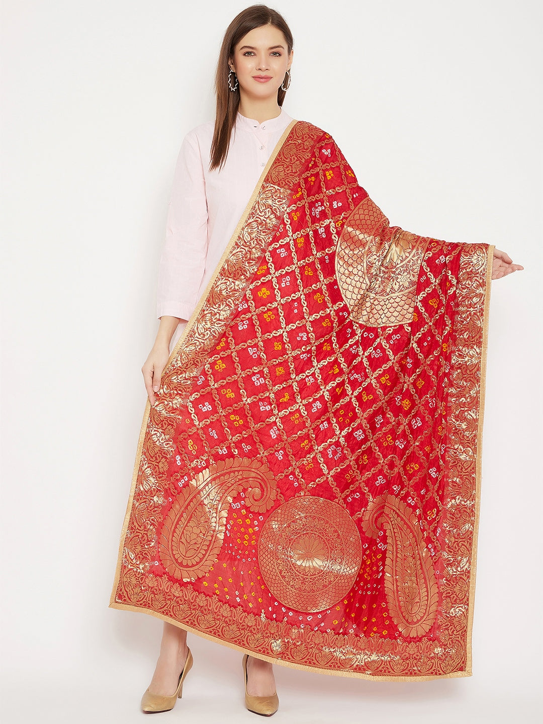 Red woven design Banarasi Bandhej dupatta with intricate patterns.