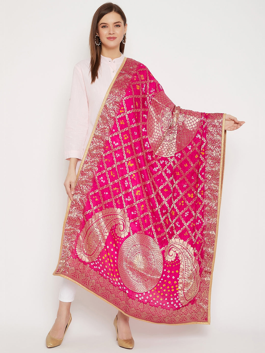 Clora Magenta Woven Design Banarasi Bandhej Dupatta