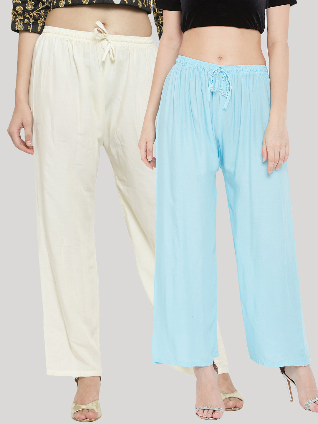 Clora Solid Cream & Sky Blue Rayon Palazzo (Pack Of 2)