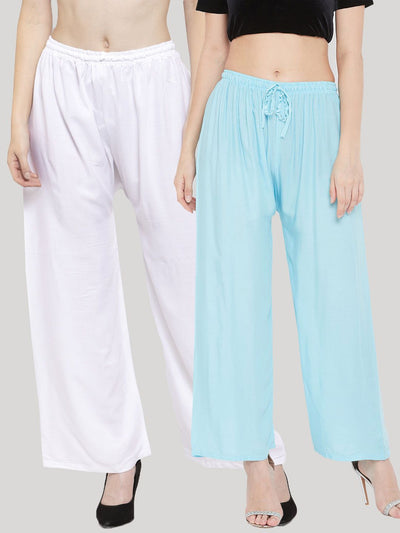 Solid white and sky blue rayon palazzo pants combo pack.