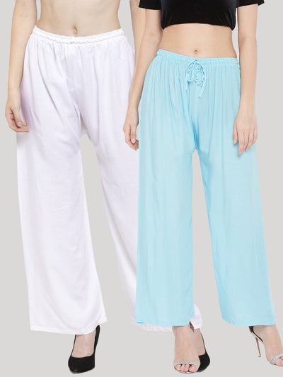Clora Solid White & Sky Blue Rayon Palazzo (Pack Of 2)