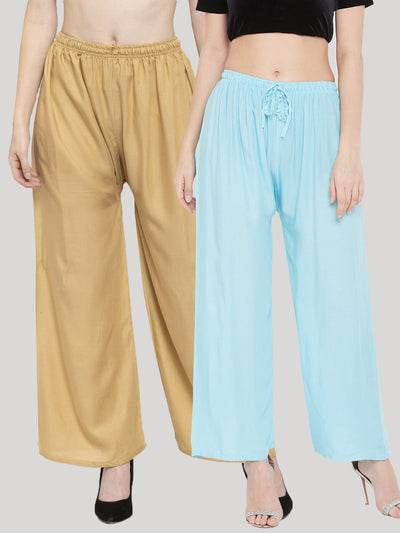Solid Fawn & Sky Blue Rayon Palazzo Pack of 2 by Clora Creation.