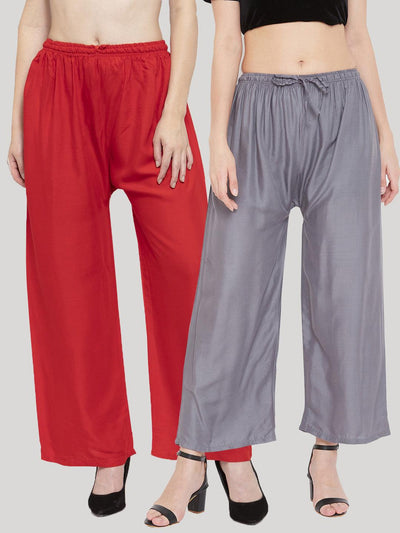 Clora Solid Red & Grey Rayon Palazzo (Pack Of 2)