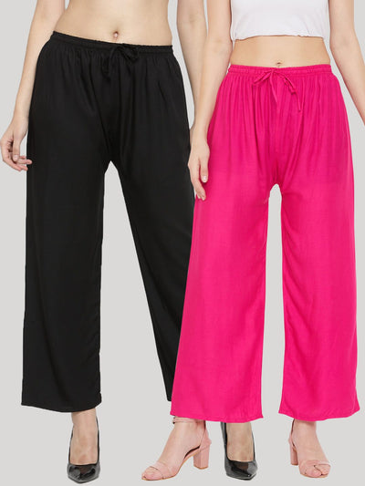 Clora Solid Black & Magenta Rayon Palazzo (Pack Of 2)