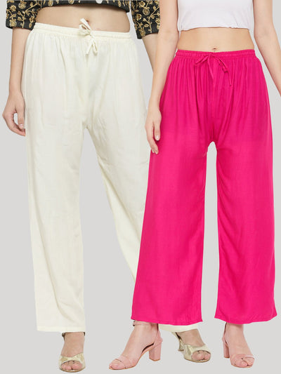 Solid cream and magenta rayon palazzo pack for women by Clora Creation.