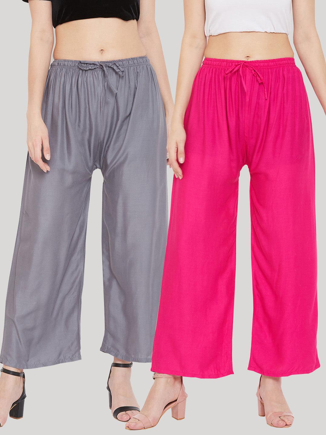 Solid grey and magenta rayon palazzo pants set for women.