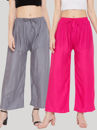 Solid grey and magenta rayon palazzo pants set for women.
