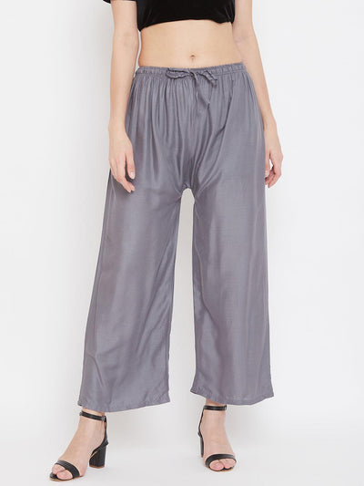 Solid grey rayon palazzo pants for women.