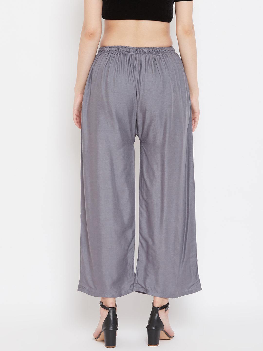 Solid grey rayon palazzo trousers, part of a stylish pack of two.