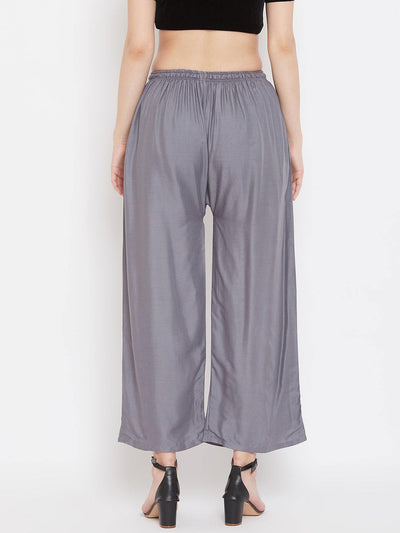Solid grey rayon palazzo trousers, part of a stylish pack of two.