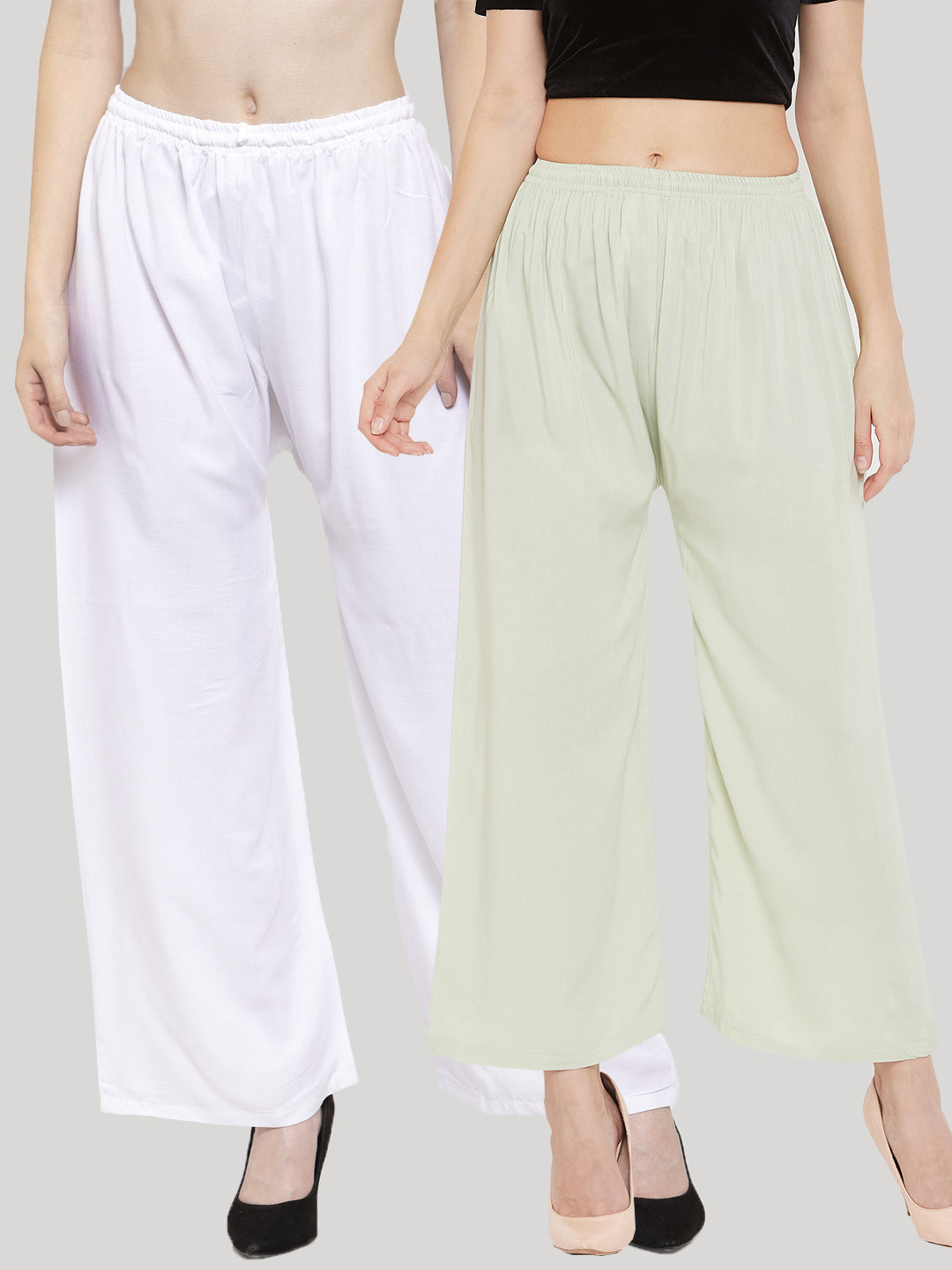 Clora Solid White & Pista Green Rayon Palazzo (Pack Of 2)
