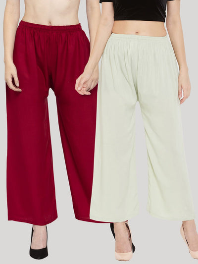 Solid Maroon and Pista Green Rayon Palazzo Pack for Women