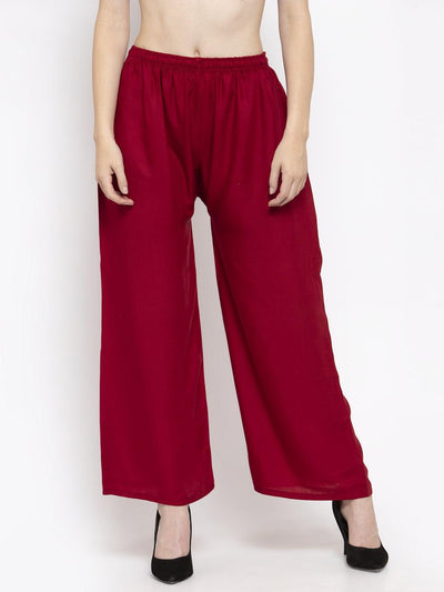 Solid maroon rayon palazzo pants for women.