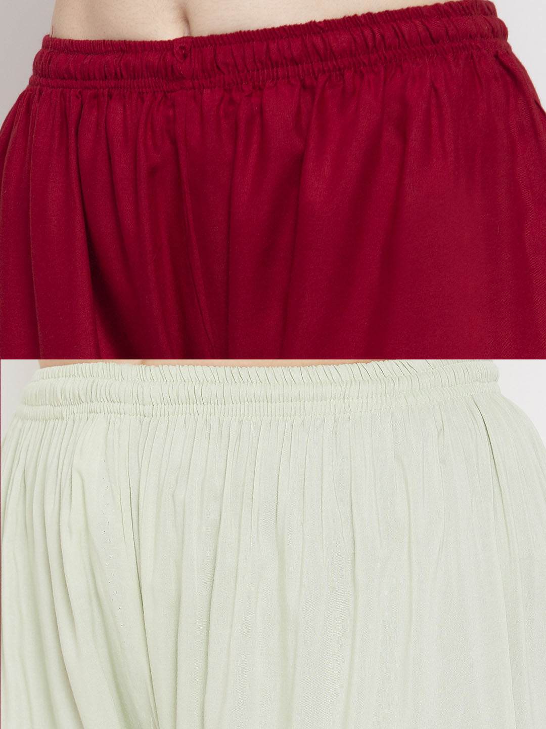 Solid Maroon & Pista Green Rayon Palazzo Pack of 2 by Clora Creation.