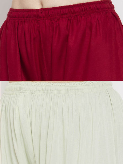 Solid Maroon & Pista Green Rayon Palazzo Pack of 2 by Clora Creation.