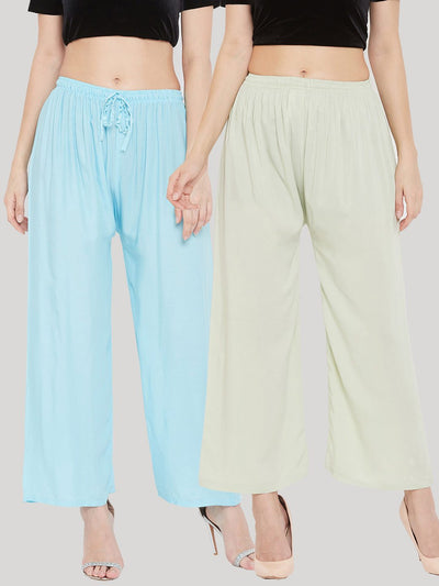 Clora Solid Sky Blue & Pista Green Rayon Palazzo (Pack Of 2)