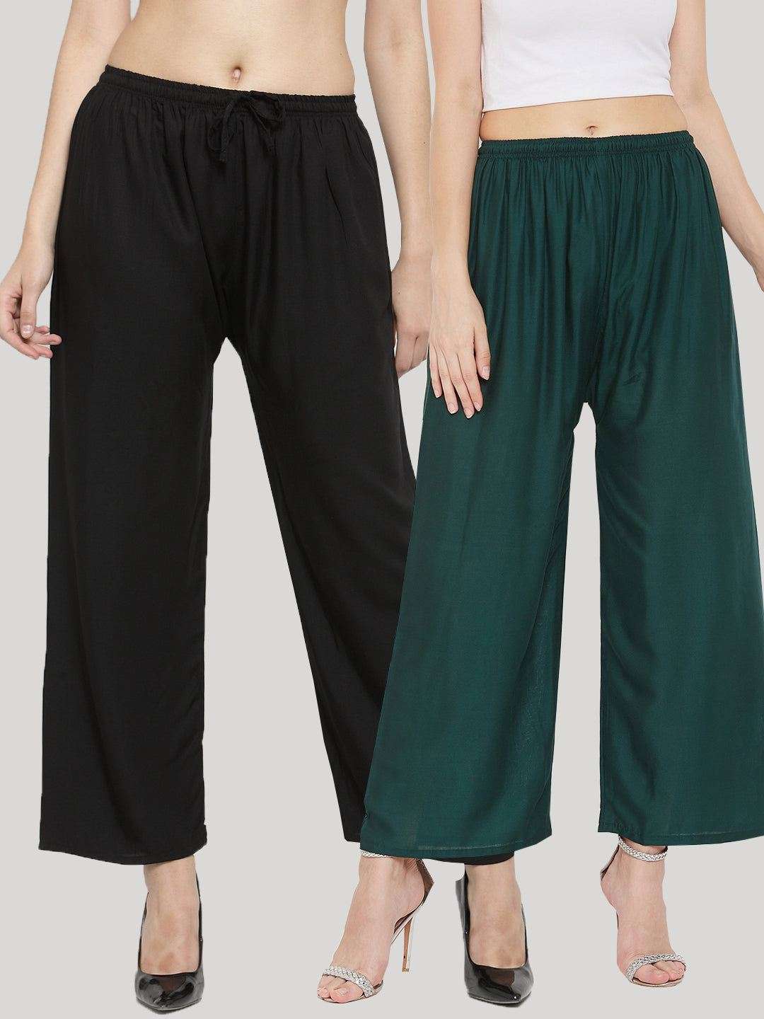 Clora Solid Black & Bottle Green Rayon Palazzo (Pack Of 2)