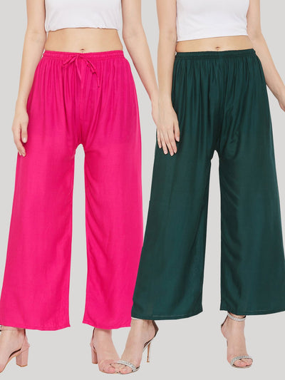 Clora Solid Magenta & Bottle Green Rayon Palazzo (Pack Of 2)