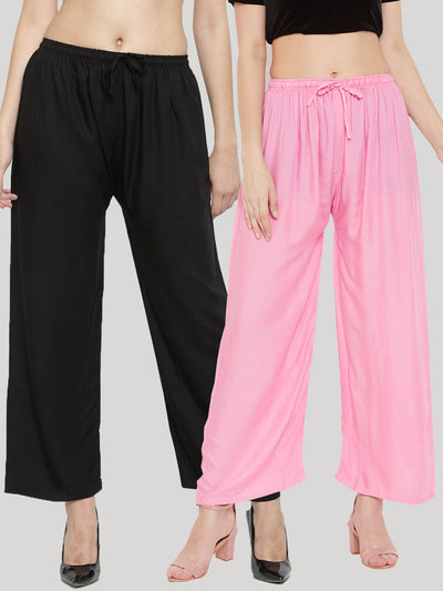 Clora Solid Black & Pink Rayon Palazzo (Pack Of 2)