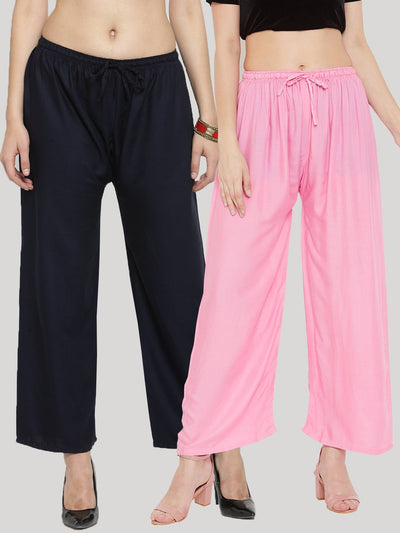 Solid navy blue and pink rayon palazzo pack for women by Clora Creation.