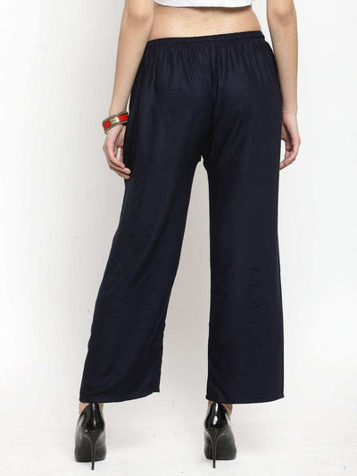 Solid navy blue rayon palazzo back view, Clora Creation fashion.
