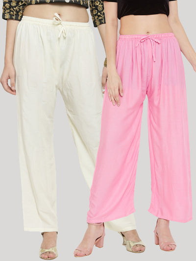 Clora Solid Cream & Pink Rayon Palazzo (Pack Of 2)