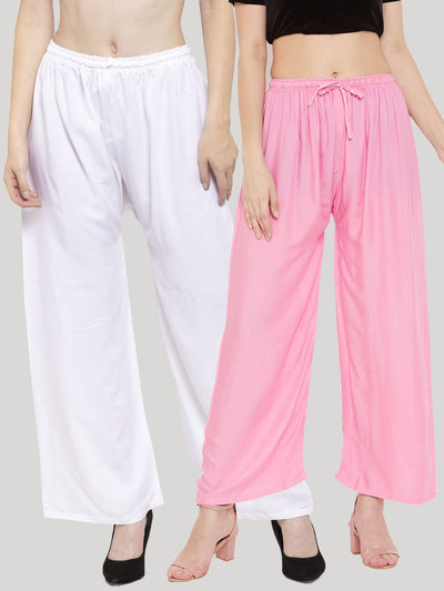 Solid white and pink rayon palazzo pack of two for women.
