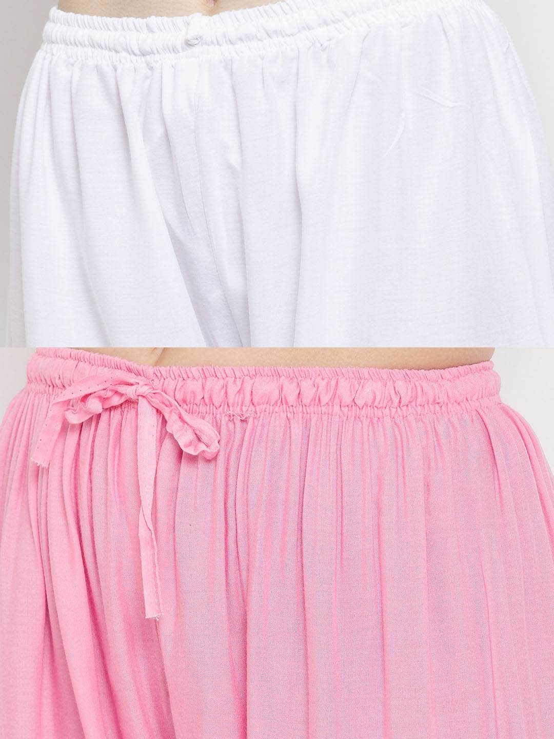 Solid white and pink rayon palazzo pack for women by Clora Creation.