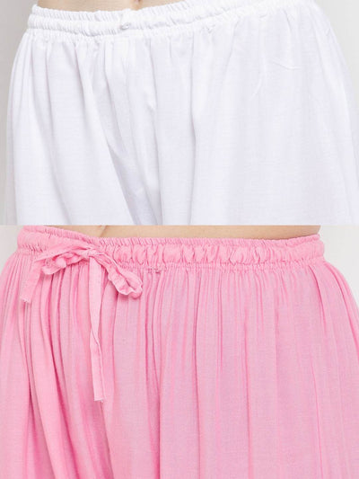 Solid white and pink rayon palazzo pack for women by Clora Creation.