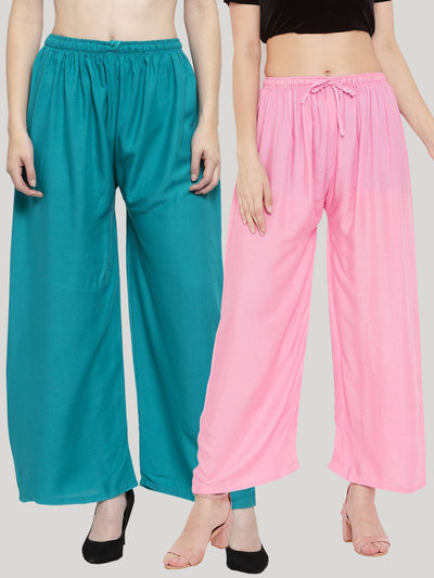 Solid Turquoise and Pink Rayon Palazzo Pack of 2 for Women