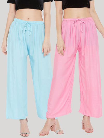 Solid sky blue and pink rayon palazzo pack of 2 by Clora Creation, stylish women's fashion.