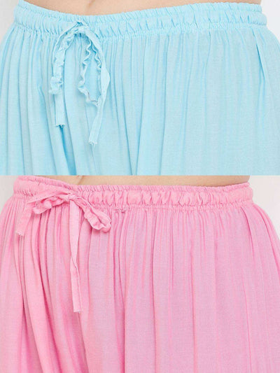 Solid sky blue and pink rayon palazzos pack of two for women.