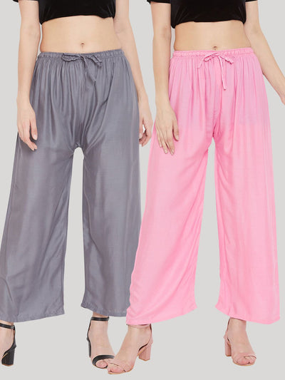 Clora Solid Grey & Pink Rayon Palazzo (Pack Of 2)
